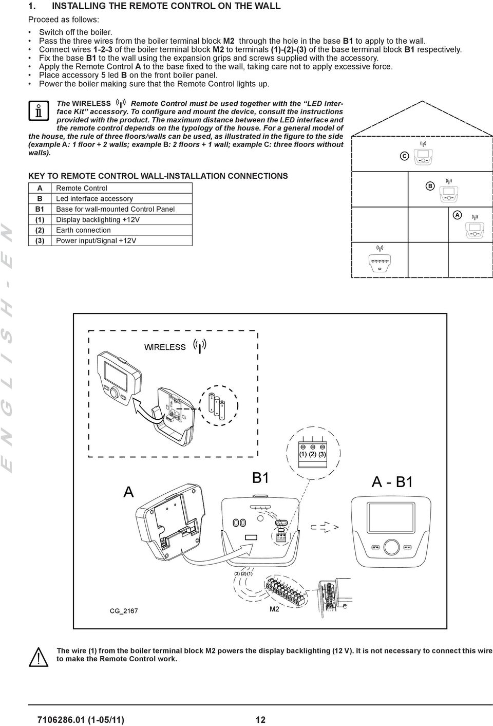 Fix the base B1 to the wall using the expansion grips and screws supplied with the accessory. Apply the Remote Control A to the base fixed to the wall, taking care not to apply excessive force.