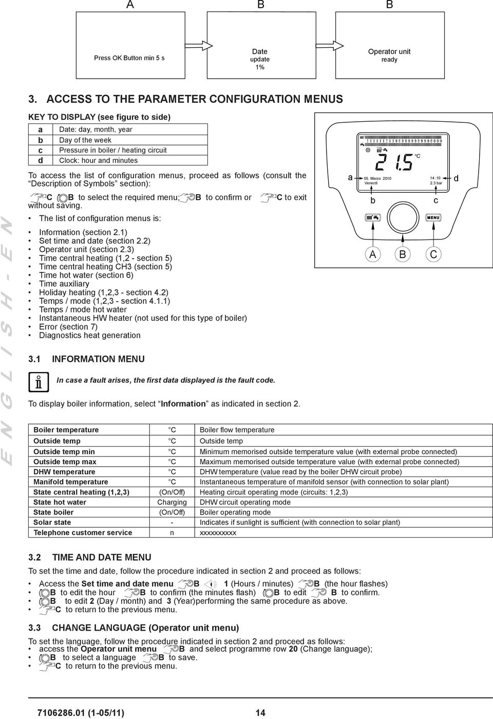 The list of configuration menus is: Information (section 2.1) Set time and date (section 2.2) Operator unit (section 2.