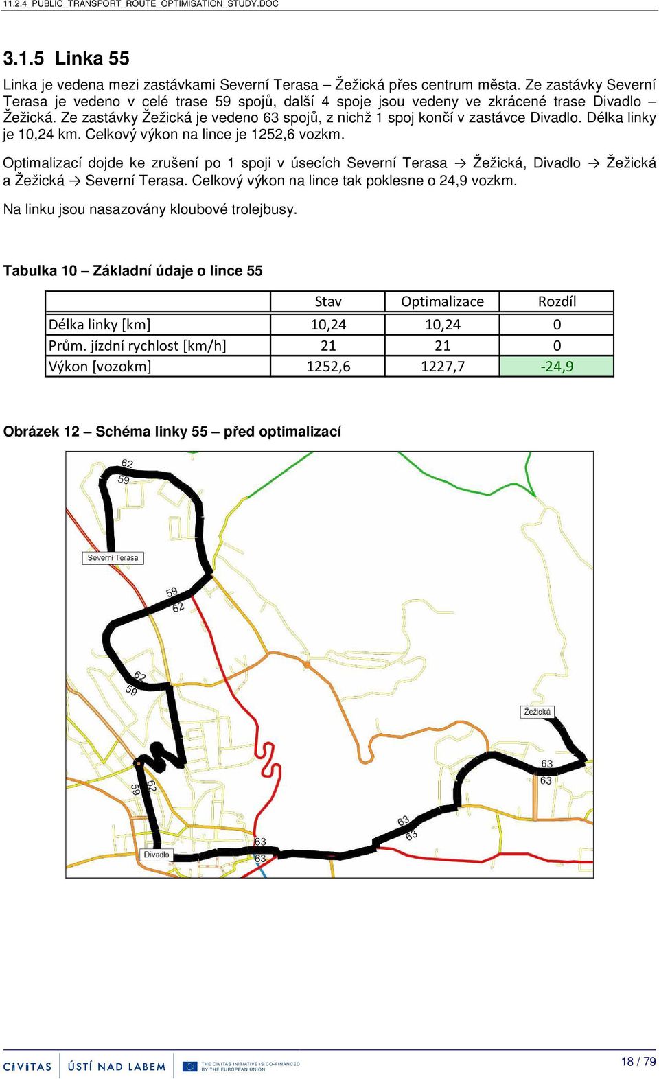 Ze zastávky Žežická je vedeno 63 spojů, z nichž 1 spoj končí v zastávce Divadlo. Délka linky je 10,24 km. Celkový výkon na lince je 1252,6 vozkm.