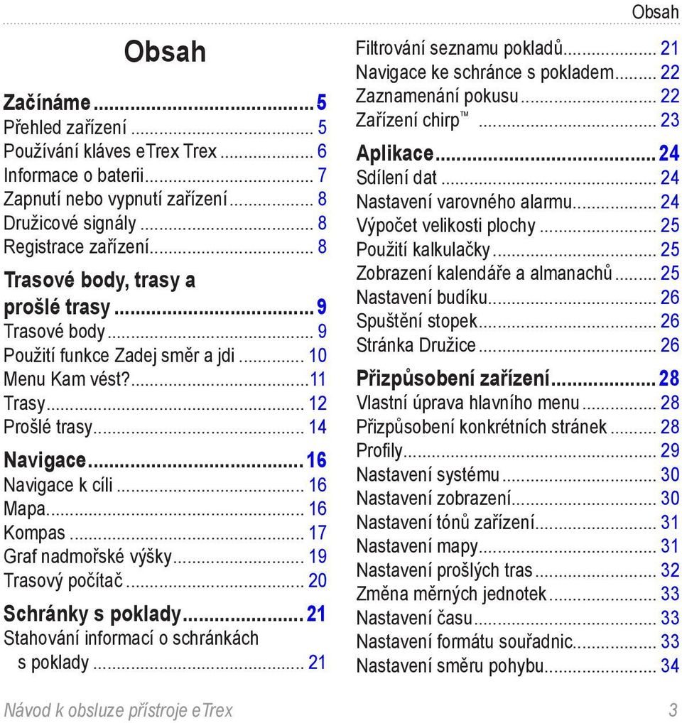 .. 16 Kompas... 17 Graf nadmořské výšky... 19 Trasový počítač... 20 Schránky s poklady... 21 Stahování informací o schránkách s poklady... 21 Obsah Filtrování seznamu pokladů.