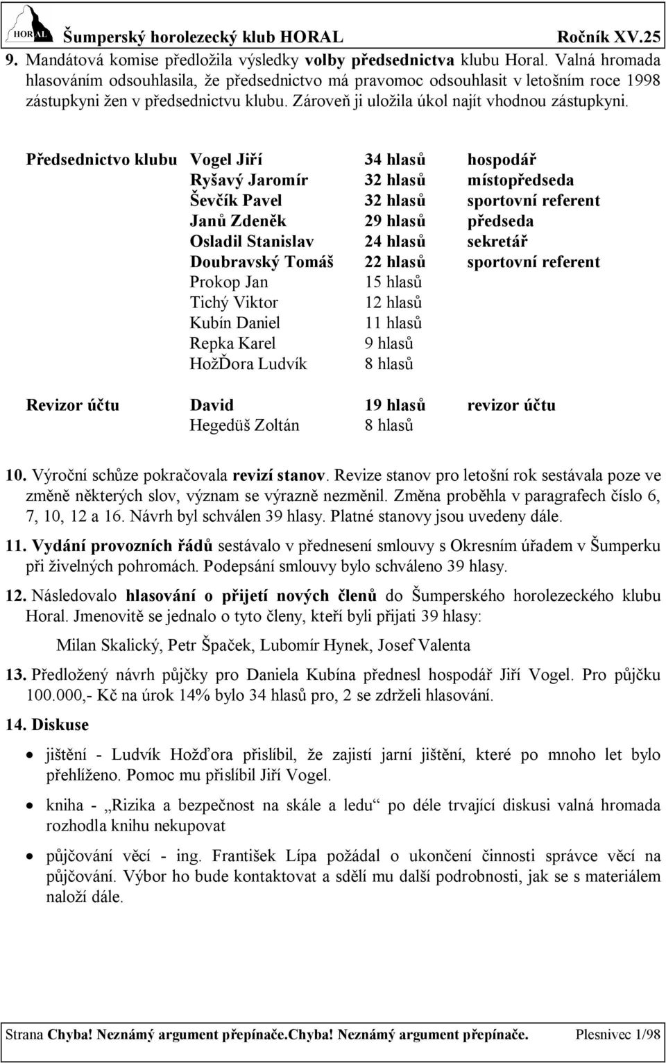 Předsednictvo klubu Vogel Jiří 34 hlasů hospodář Ryšavý Jaromír 32 hlasů místopředseda Ševčík Pavel 32 hlasů sportovní referent Janů Zdeněk 29 hlasů předseda Osladil Stanislav 24 hlasů sekretář