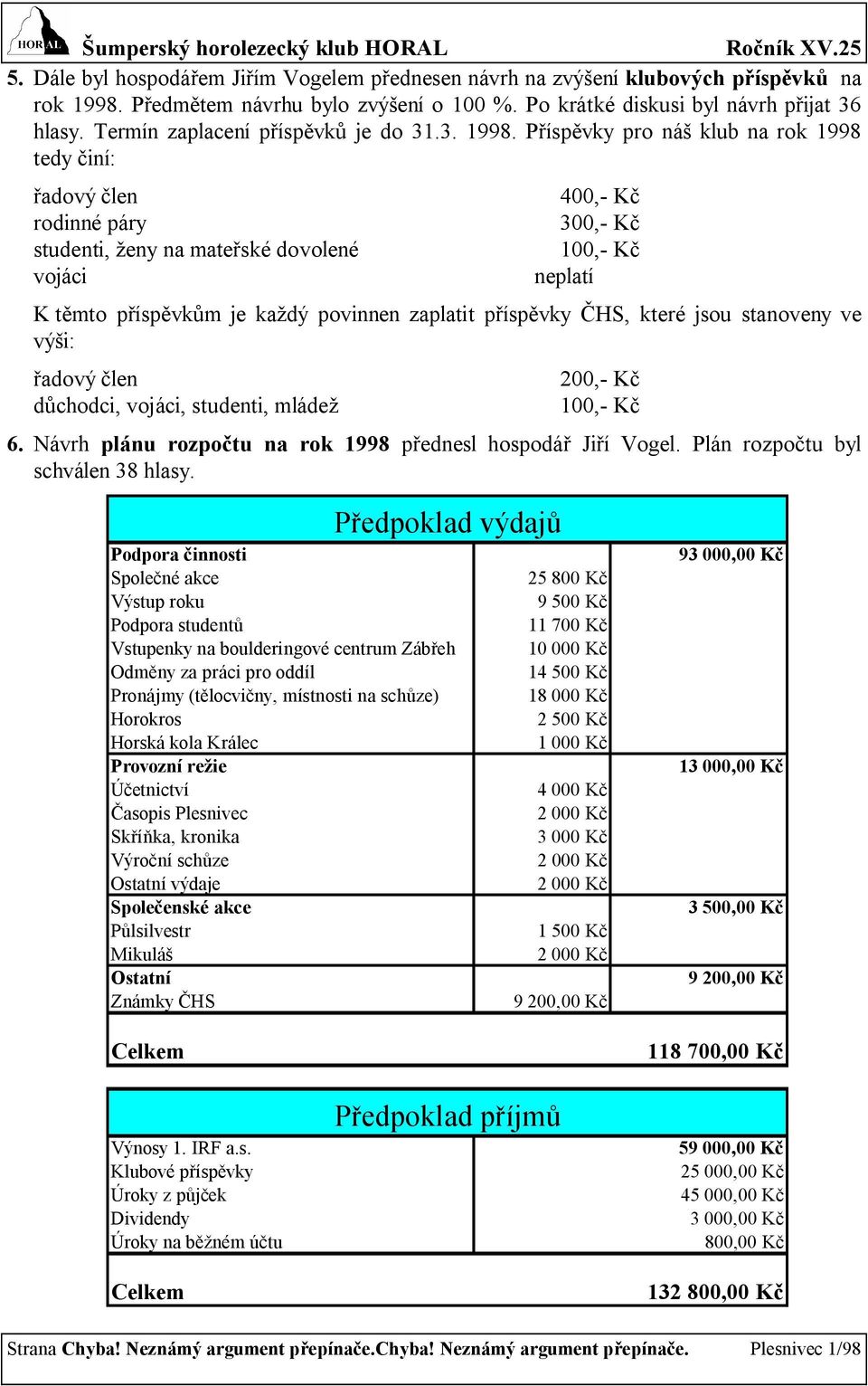 Příspěvky pro náš klub na rok 1998 tedy činí: řadový člen rodinné páry studenti, ženy na mateřské dovolené vojáci 400,- Kč 300,- Kč 100,- Kč neplatí K těmto příspěvkům je každý povinnen zaplatit