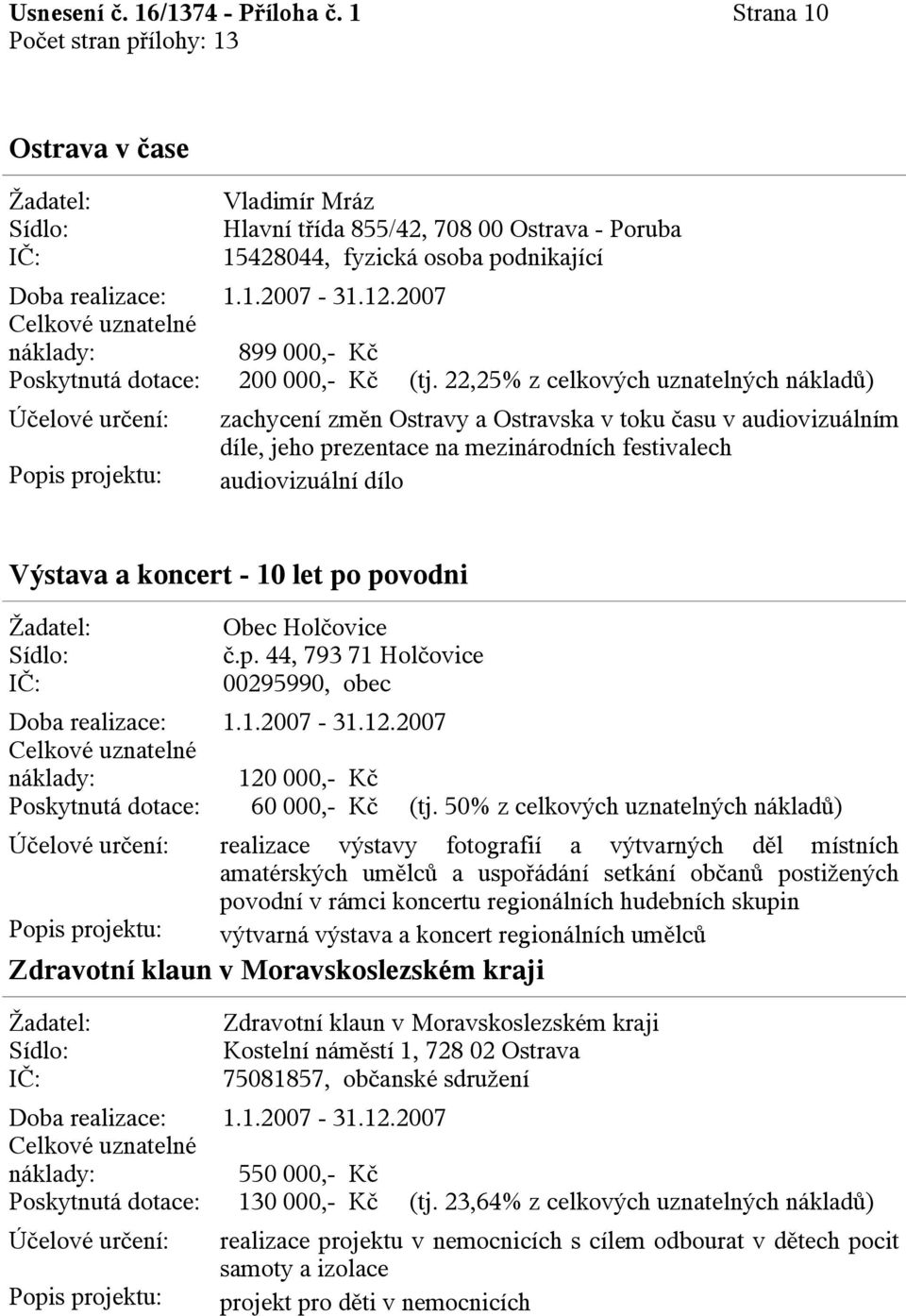 22,25% z celkových uznatelných nákladů) zachycení změn Ostravy a Ostravska v toku času v audiovizuálním díle, jeho prezentace na mezinárodních festivalech audiovizuální dílo Výstava a koncert - 10