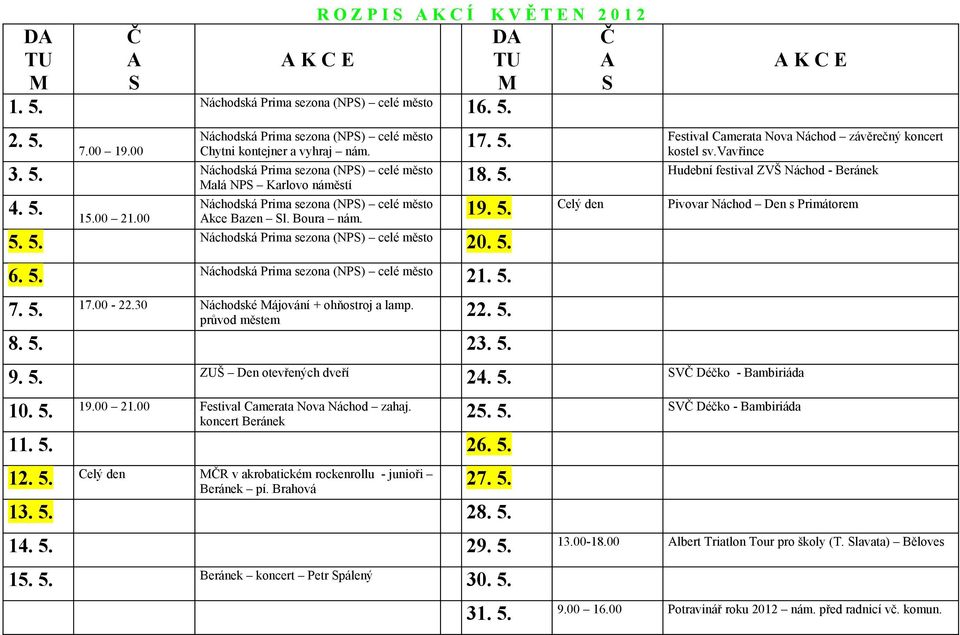 5. Náchodská Prima sezona (NP) celé město 21. 5. 17.00-22.30 Náchodské ájování + ohňostroj a lamp. 7. 5. průvod městem 22. 5. 8. 5. 23. 5. Festival Camerata Nova Náchod závěrečný koncert 17. 5. kostel sv.