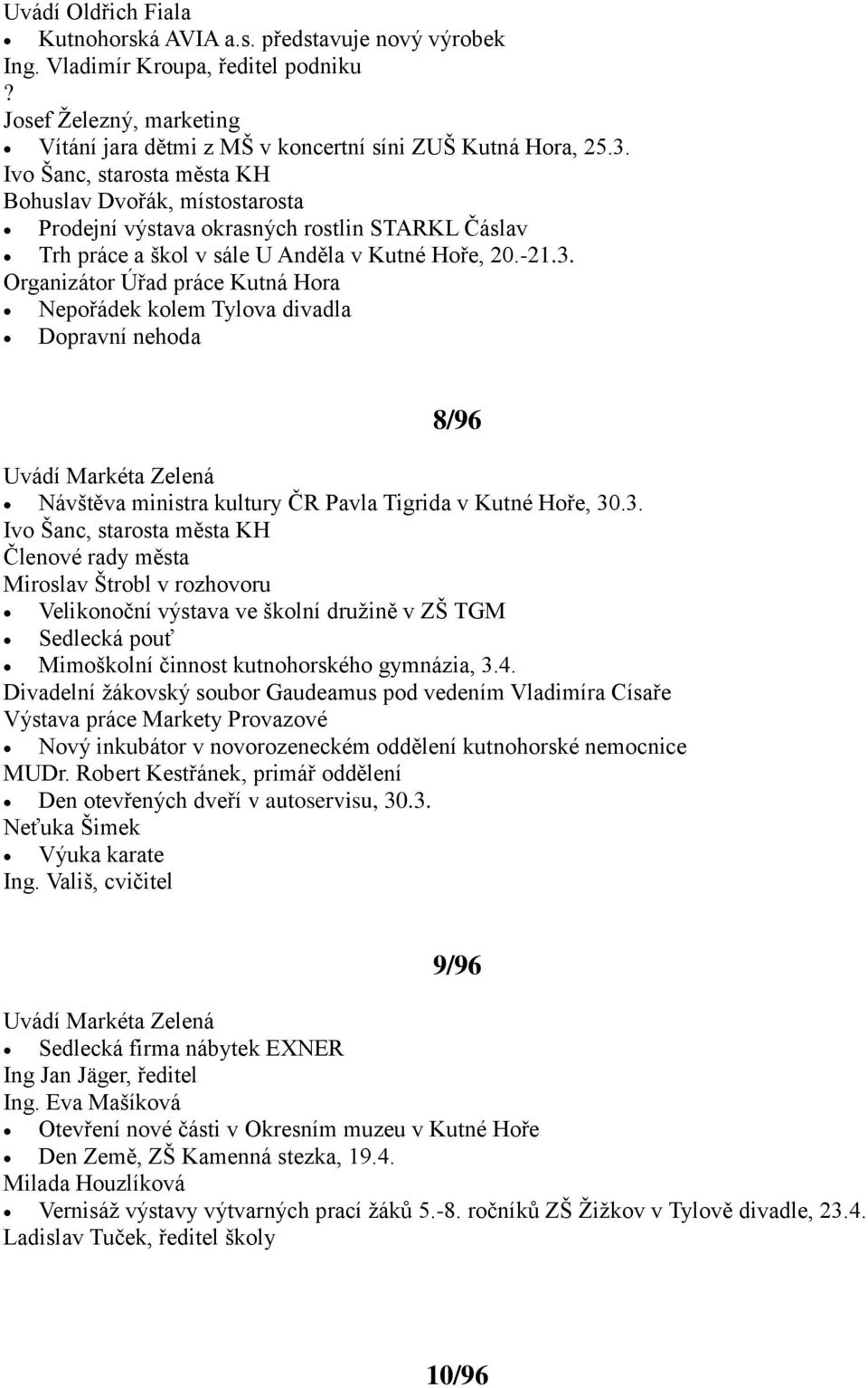 Organizátor Úřad práce Kutná Hora Nepořádek kolem Tylova divadla Dopravní nehoda 8/96 Uvádí Markéta Zelená Návštěva ministra kultury ČR Pavla Tigrida v Kutné Hoře, 30