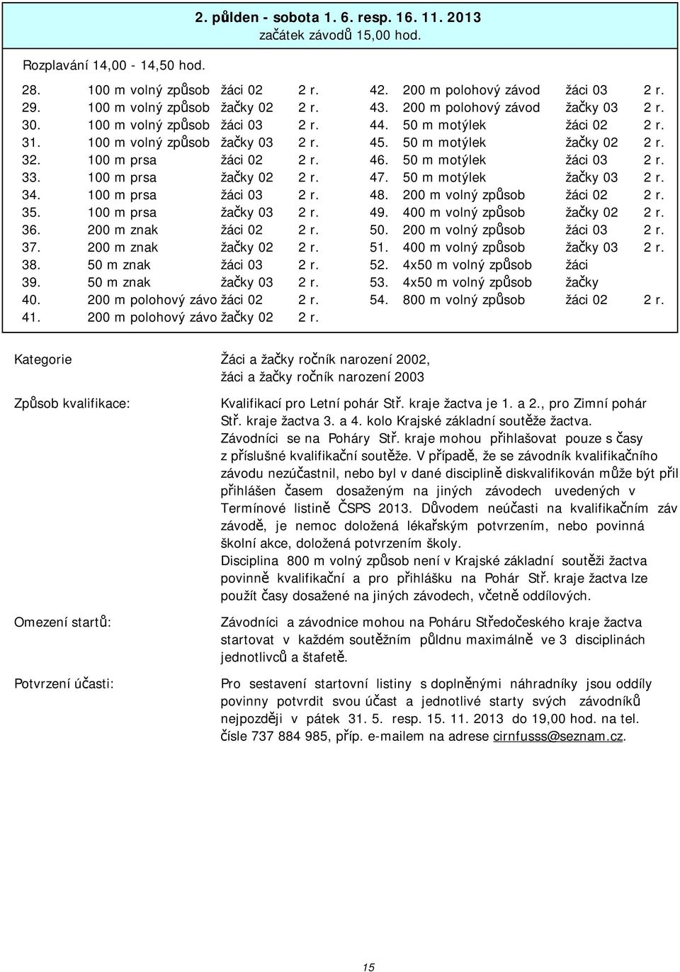 50 m motýlek žačky 02 2 r. 32. 100 m prsa žáci 02 2 r. 46. 50 m motýlek žáci 03 2 r. 33. 100 m prsa žačky 02 2 r. 47. 50 m motýlek žačky 03 2 r. 34. 100 m prsa žáci 03 2 r. 48.