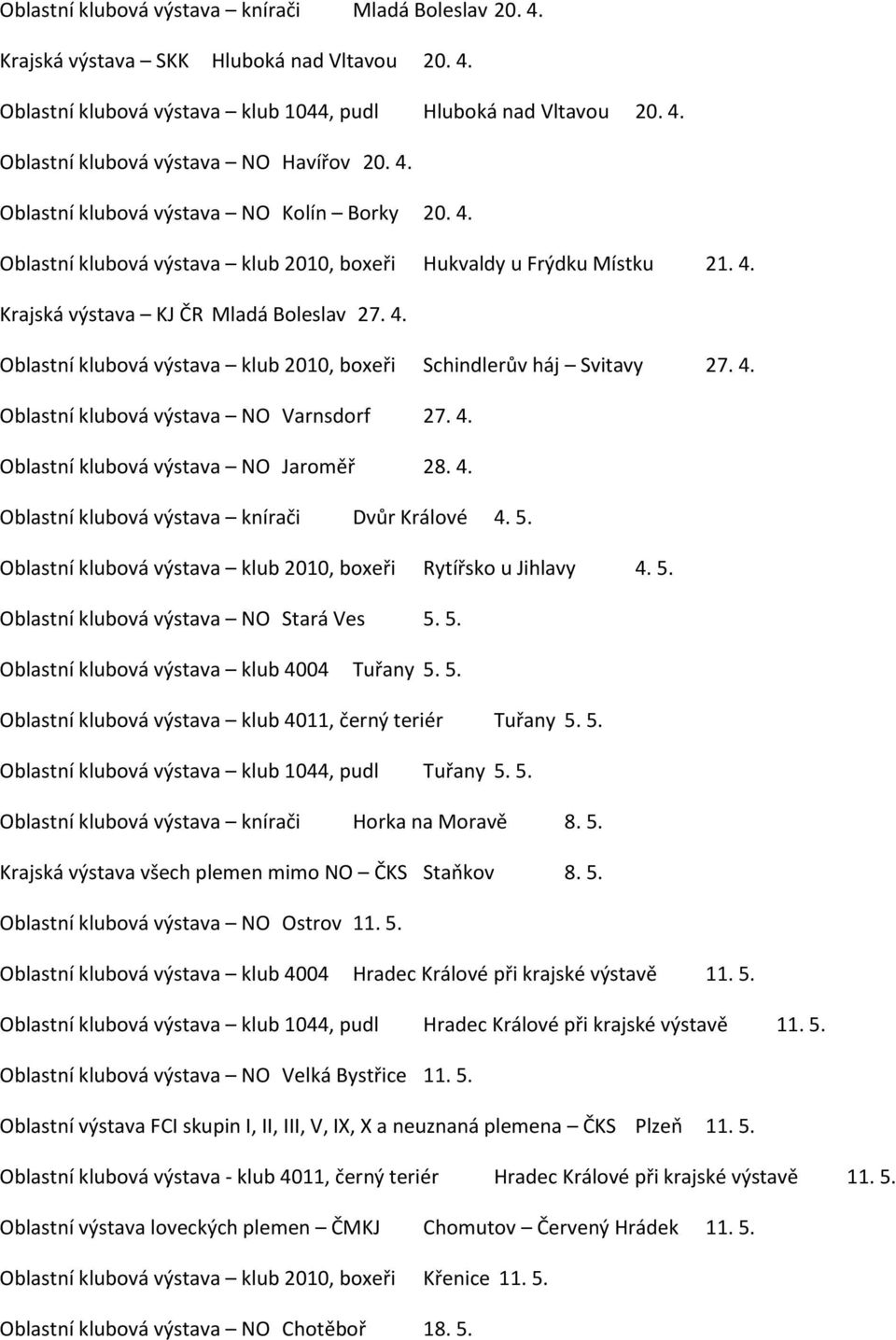 4. Oblastní klubová výstava NO Varnsdorf 27. 4. Oblastní klubová výstava NO Jaroměř 28. 4. Oblastní klubová výstava knírači Dvůr Králové 4. 5.