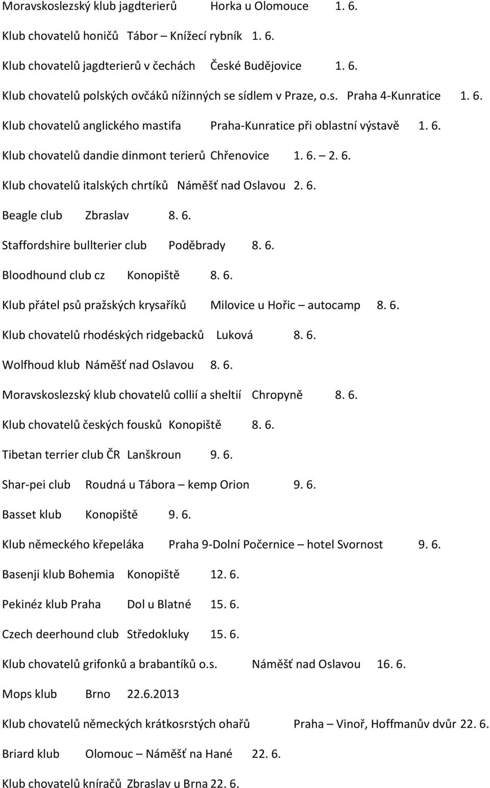 6. Beagle club Zbraslav 8. 6. Staffordshire bullterier club Poděbrady 8. 6. Bloodhound club cz Konopiště 8. 6. Klub přátel psů pražských krysaříků Milovice u Hořic autocamp 8. 6. Klub chovatelů rhodéských ridgebacků Luková 8.
