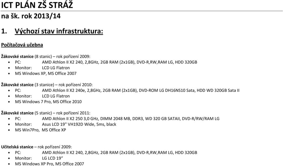 Windows XP, MS Office 2007 Žákovské stanice (3 stanice) rok pořízení 2010: PC: AMD Athlon II X2 240e, 2,8GHz, 2GB RAM (2x1GB), DVD-ROM LG DH16NS10 Sata, HDD WD 320GB Sata II Monitor: LCD LG Flatron