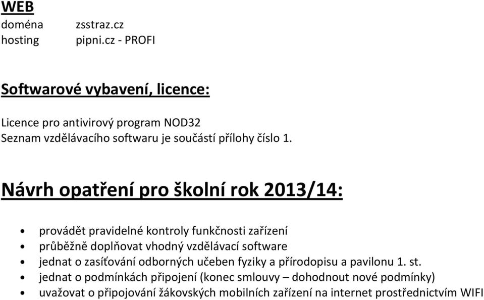 Návrh opatření pro školní rok 2013/14: provádět pravidelné kontroly funkčnosti zařízení průběžně doplňovat vhodný vzdělávací software