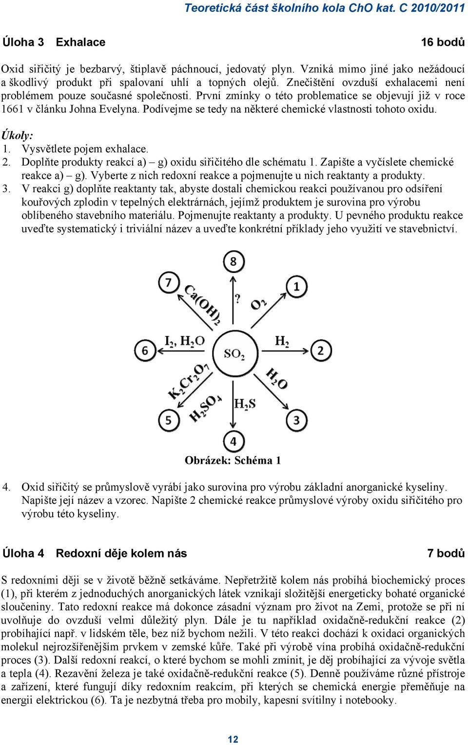 Podívejme se tedy na některé chemické vlastnosti tohoto oxidu. Úkoly: 1. Vysvětlete pojem exhalace. 2. Doplňte produkty reakcí a) g) oxidu siřičitého dle schématu 1.