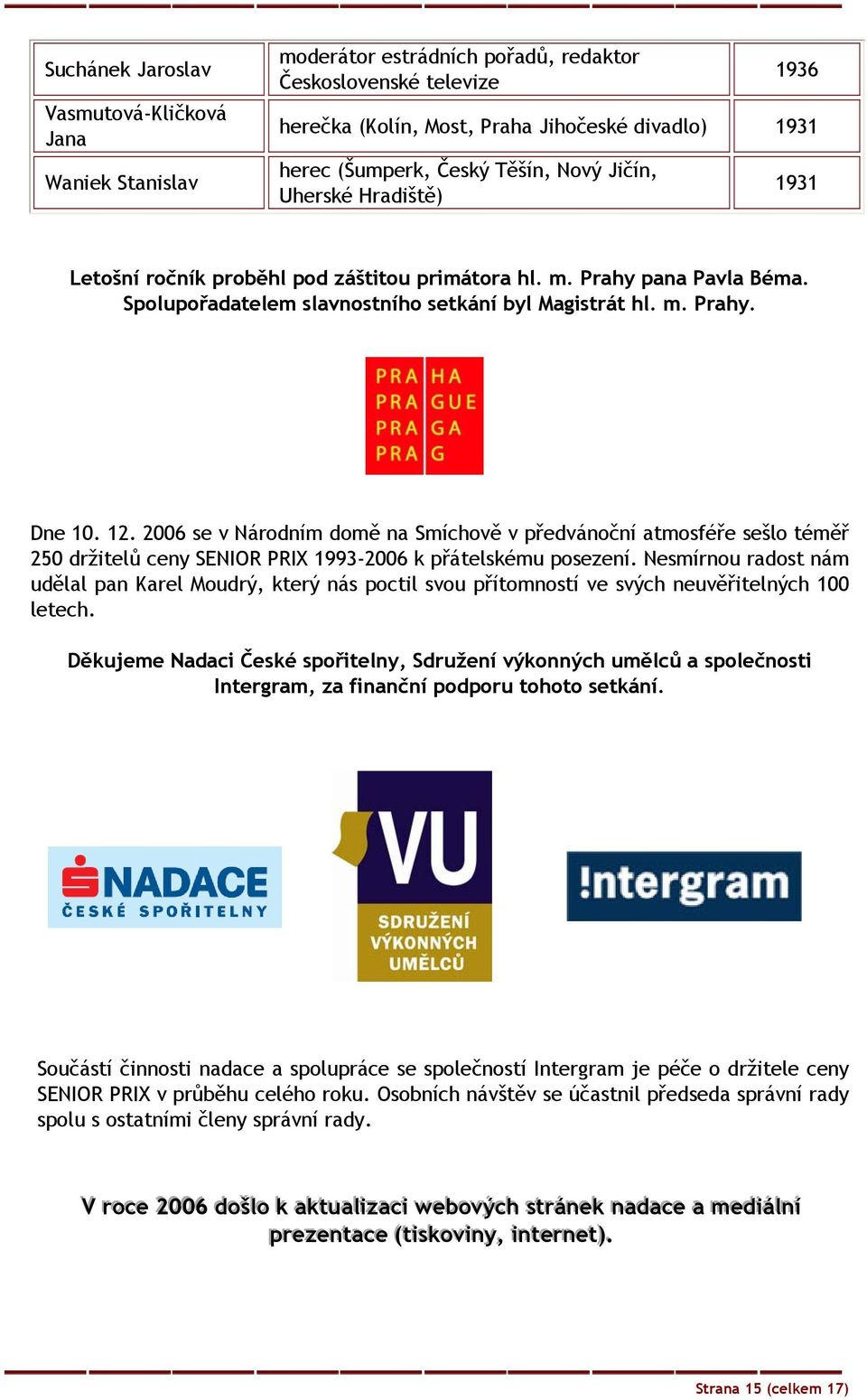 2006 se v Národním domě na Smíchově v předvánoční atmosféře sešlo téměř 250 držitelů ceny SENIOR PRIX 1993-2006 k přátelskému posezení.