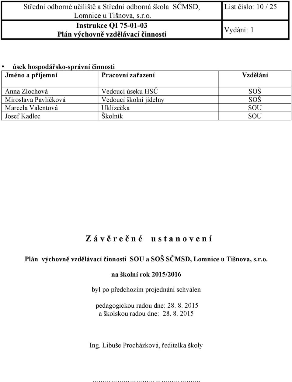 Školník SOU Z á v ě r e č n é u s t a n o v e n í SOU a SOŠ SČMSD, na školní rok 2015/2016 byl po předchozím