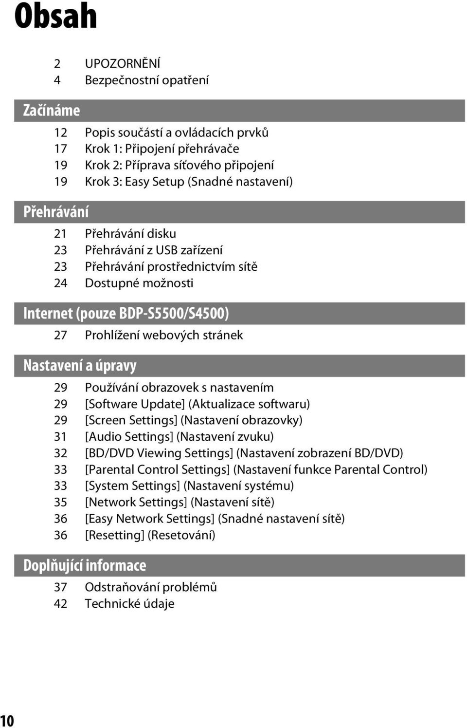 Nastavení a úpravy 29 Používání obrazovek s nastavením 29 [Software Update] (Aktualizace softwaru) 29 [Screen Settings] (Nastavení obrazovky) 31 [Audio Settings] (Nastavení zvuku) 32 [BD/DVD Viewing