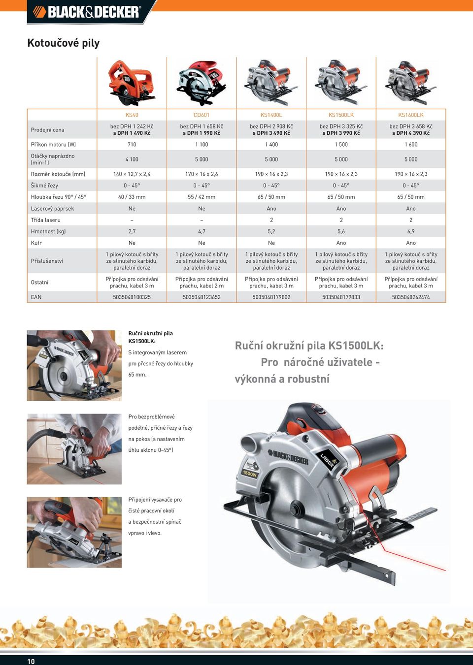 Hloubka řezu 90 / 45 40 / 33 mm 55 / 42 mm 65 / 50 mm 65 / 50 mm 65 / 50 mm Laserový paprsek Ne Ne Ano Ano Ano Třída laseru 2 2 2 Hmotnost (kg) 2,7 4,7 5,2 5,6 6,9 Kufr Ne Ne Ne Ano Ano Příslušenství