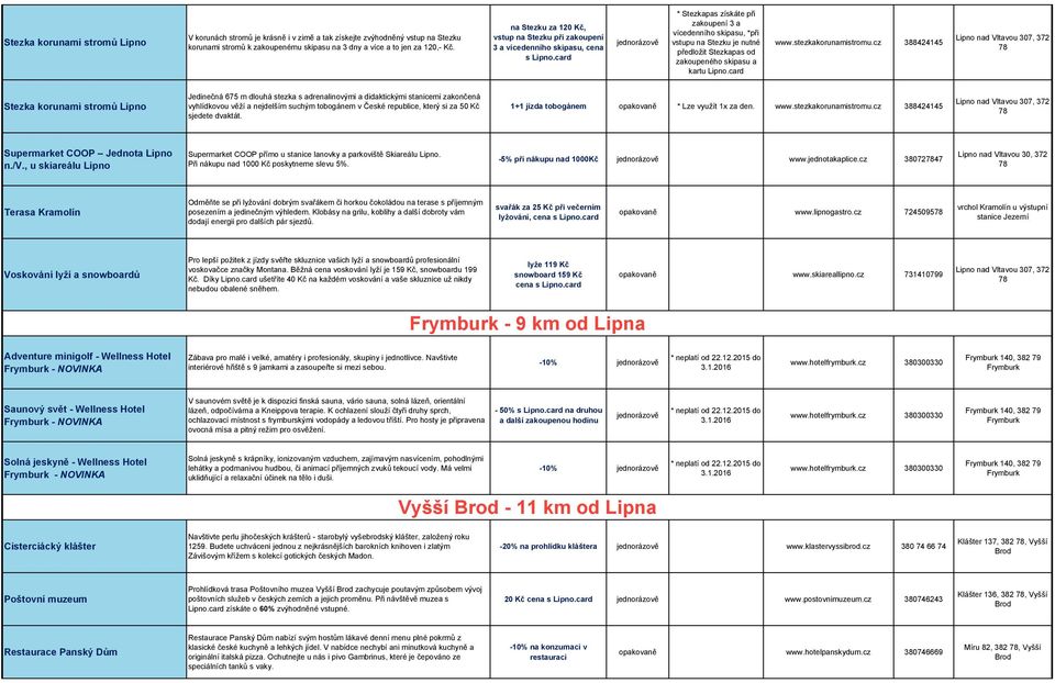 card * Stezkapas získáte při zakoupení 3 a vícedenního skipasu, *při vstupu na Stezku je nutné předložit Stezkapas od zakoupeného skipasu a kartu Lipno.card www.stezkakorunamistromu.