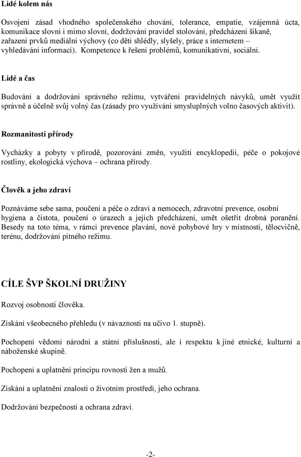 Lidé a čas Budování a dodržování správného režimu, vytváření pravidelných návyků, umět využít správně a účelně svůj volný čas (zásady pro využívání smysluplných volno časových aktivit).