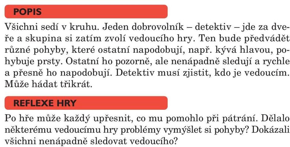 Ostatní ho pozorně, ale nenápadně sledují a rychle a přesně ho napodobují. Detektiv musí zjistit, kdo je vedoucím.