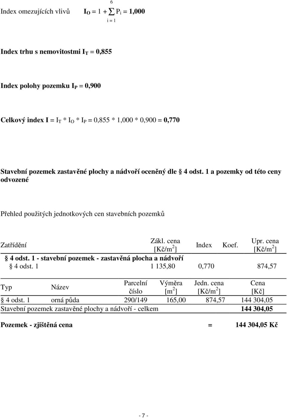 cena Zatřídění [Kč/m 2 Index Koef. ] [Kč/m 2 ] 4 odst. 1 - stavební pozemek - zastavěná plocha a nádvoří 4 odst. 1 1 135,80 0,770 874,57 Parcelní Výměra Jedn.