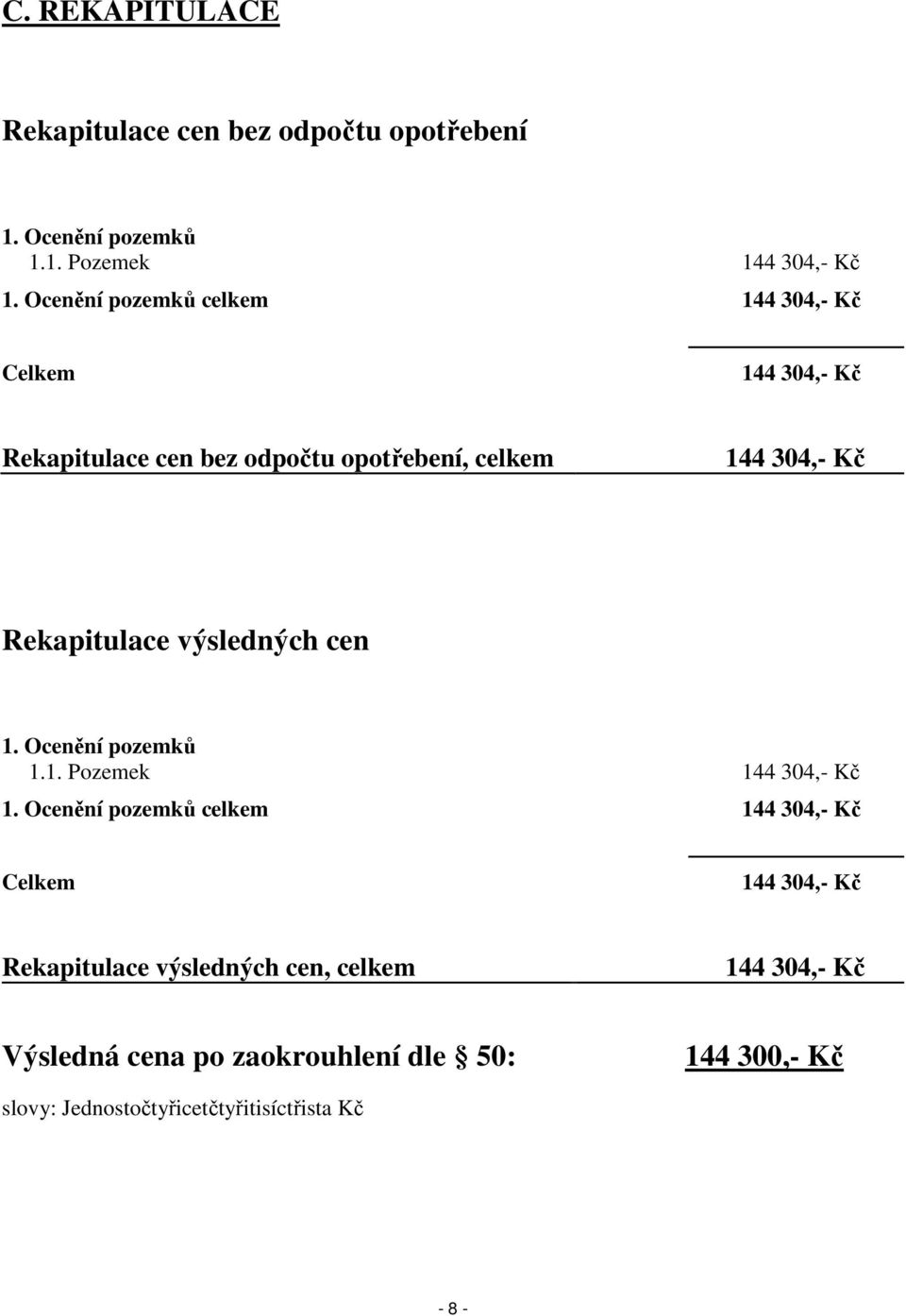 Rekapitulace výsledných cen 1. Ocenění pozemků 1.1. Pozemek 144 304,- Kč 1.