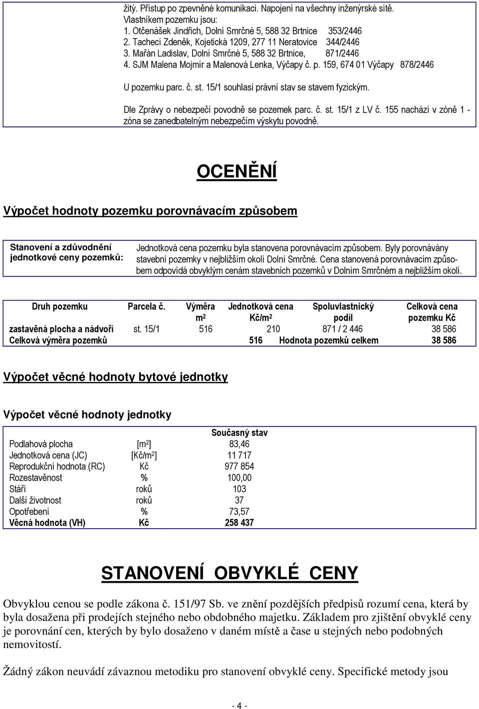 159, 674 01 Výčapy 878/2446 U pozemku parc. č. st. 15/1 souhlasí právní stav se stavem fyzickým. Dle Zprávy o nebezpečí povodně se pozemek parc. č. st. 15/1 z LV č.