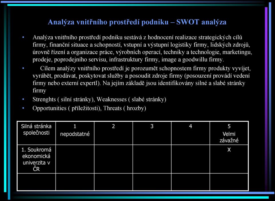 Сílem analýzy vnitřního prostředí je porozumět schopnostem firmy produkty vyvíjet, vyrábět, prodávat, poskytovat služby a posoudit zdroje firmy (posouzení provádí vedení firmy nebo externí experti).