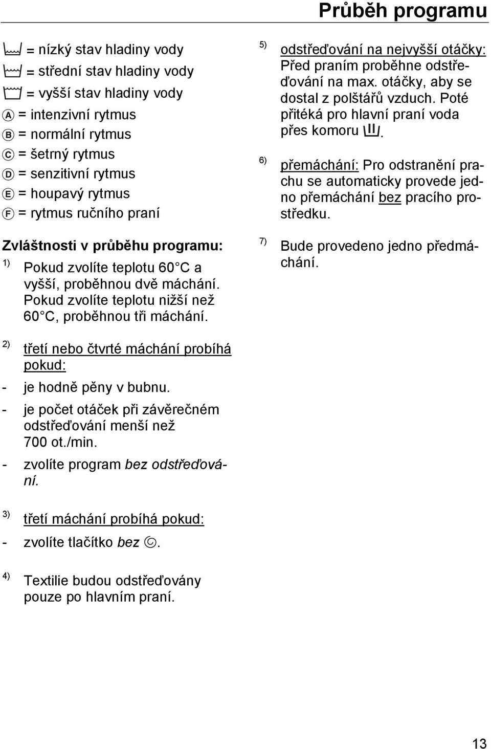 třetí nebo čtvrté máchání probíhá pokud: - je hodně pěny v bubnu. - je počet otáček při závěrečném odstřeďování menší než 700 ot./min. - zvolíte program bez odstřeďování.