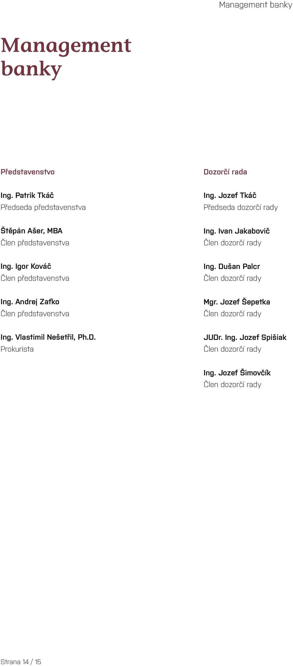 Igor Kováč Člen představenstva Ing. Dušan Palcr Člen dozorčí rady Ing. Andrej Zaťko Člen představenstva Mgr.