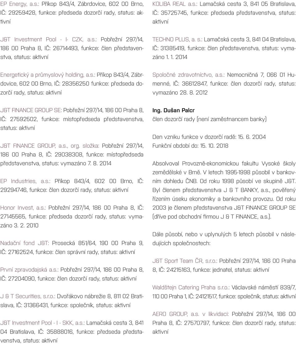 1. 2014 Energetický a průmyslový holding, a.s.: Příkop 843/4, Zábrdovice, 602 00 Brno, IČ: 28356250 funkce: předseda dozorčí rady, status: aktivní Spoločné zdravotníctvo, a.s.: Nemocničná 7, 066 01 Humenné, IČ: 36612847, funkce: člen dozorčí rady, status: vymazáno 28.