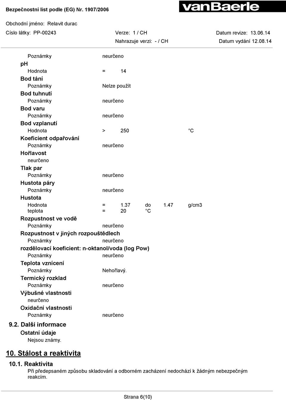 47 g/cm3 teplota = 20 C Rozpustnost ve vodě Rozpustnost v jiných rozpouštědlech rozdělovací koeficient: n-oktanol/voda (log Pow) Teplota vznícení