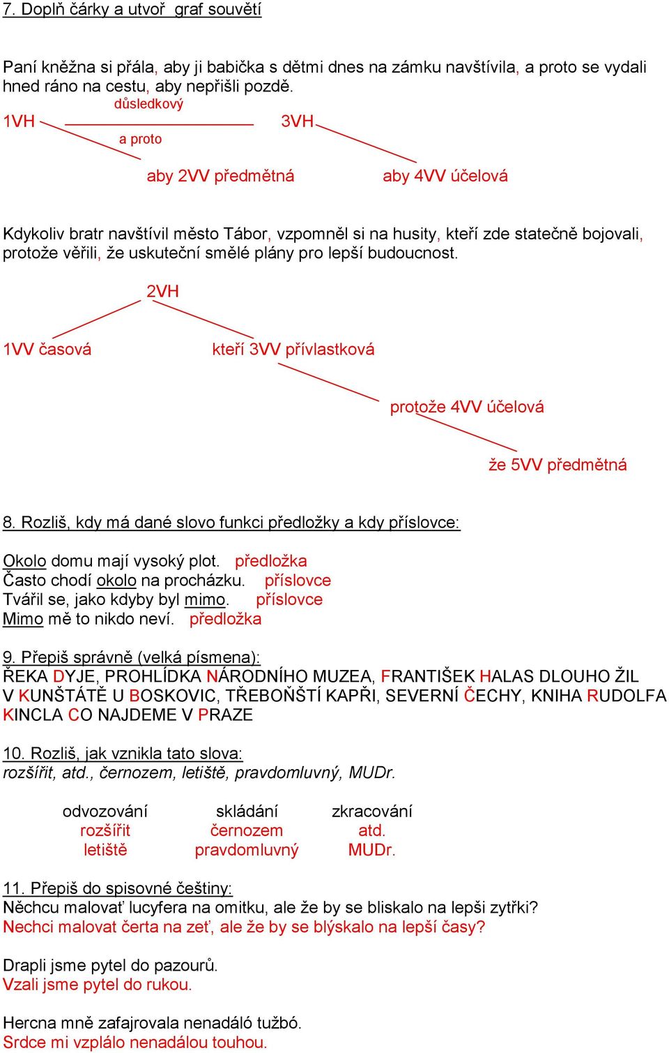 lepší budoucnost. 2VH 1VV časová kteří 3VV přívlastková protože 4VV účelová že 5VV předmětná 8. Rozliš, kdy má dané slovo funkci předložky a kdy příslovce: Okolo domu mají vysoký plot.