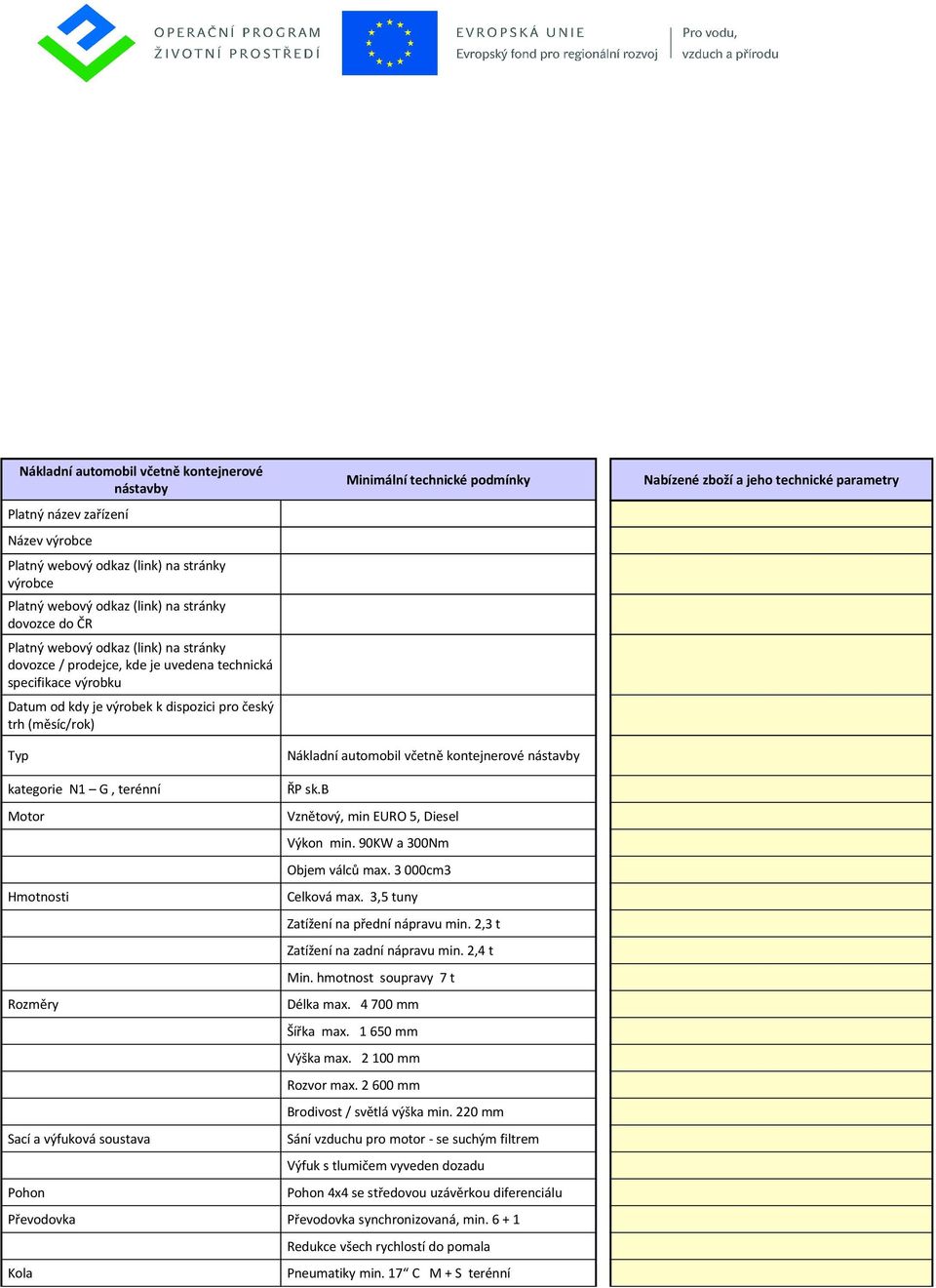 b Motor Vznětový, min EURO 5, Diesel Výkon min. 90KW a 300Nm Objem válců max. 3 000cm3 Hmotnosti Celková max. 3,5 tuny Zatížení na přední nápravu min. 2,3 t Zatížení na zadní nápravu min. 2,4 t Min.