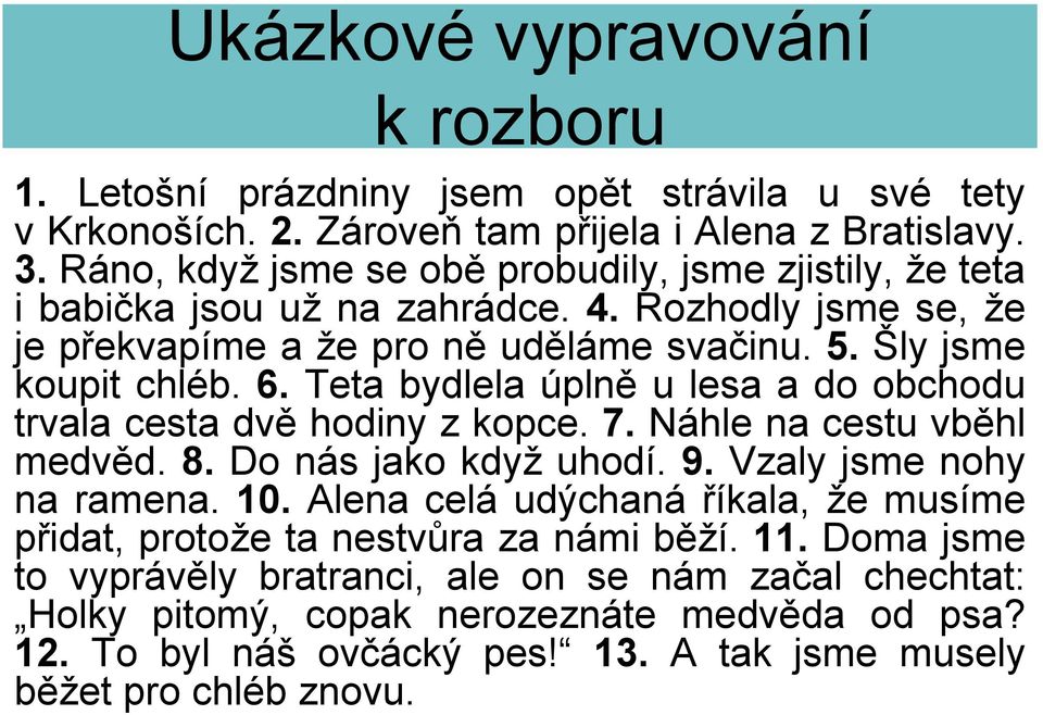 Teta bydlela úplně u lesa a do obchodu trvala cesta dvě hodiny z kopce. 7. Náhle na cestu vběhl medvěd. 8. Do nás jako když uhodí. 9. Vzaly jsme nohy na ramena. 10.