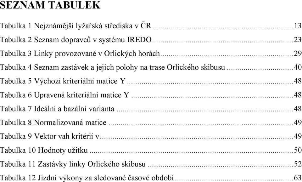 .. 40 Tabulka 5 Výchozí kriteriální matice Y... 48 Tabulka 6 Upravená kriteriální matice Y... 48 Tabulka 7 Ideální a bazální varianta.