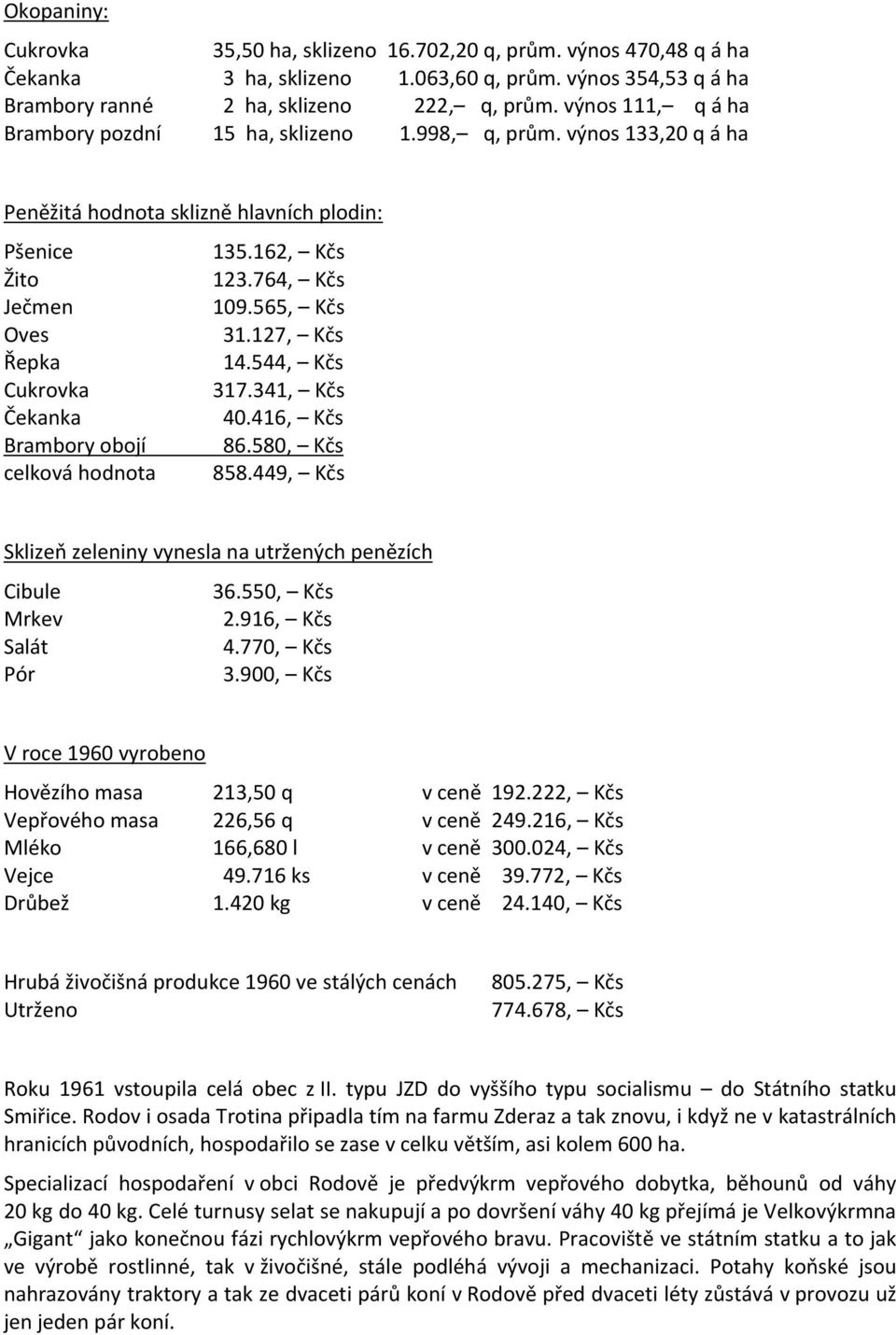 127, Kčs Řepka 14.544, Kčs Cukrovka 317.341, Kčs Čekanka 40.416, Kčs Brambory obojí 86.580, Kčs celková hodnota 858.449, Kčs Sklizeň zeleniny vynesla na utržených penězích Cibule 36.550, Kčs Mrkev 2.