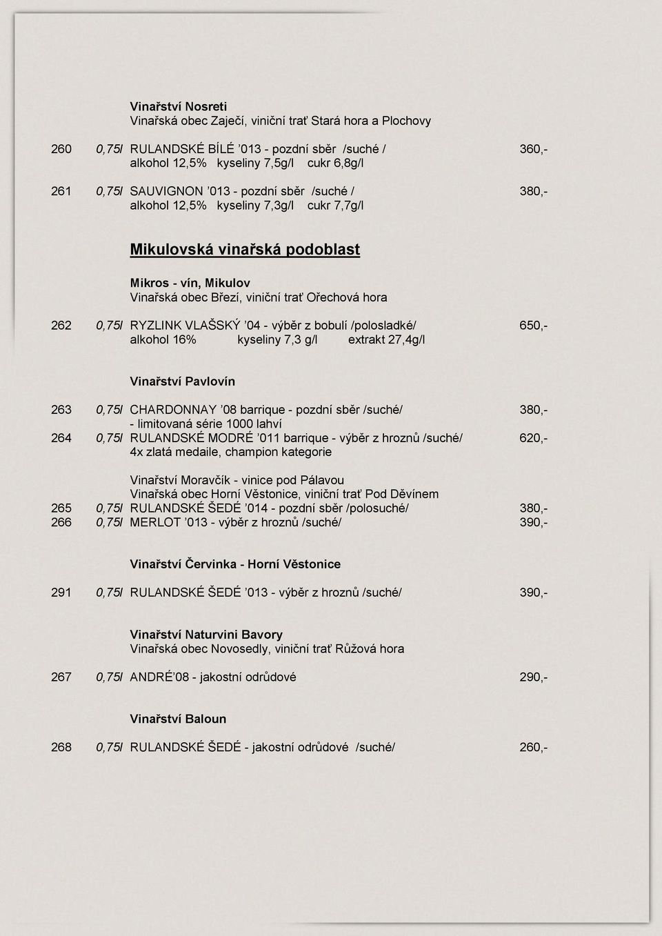 VLAŠSKÝ 04 - výběr z bobulí /polosladké/ 650,- alkohol 16% kyseliny 7,3 g/l extrakt 27,4g/l Vinařství Pavlovín 263 0,75l CHARDONNAY 08 barrique - pozdní sběr /suché/ - limitovaná série 1000 lahví 264