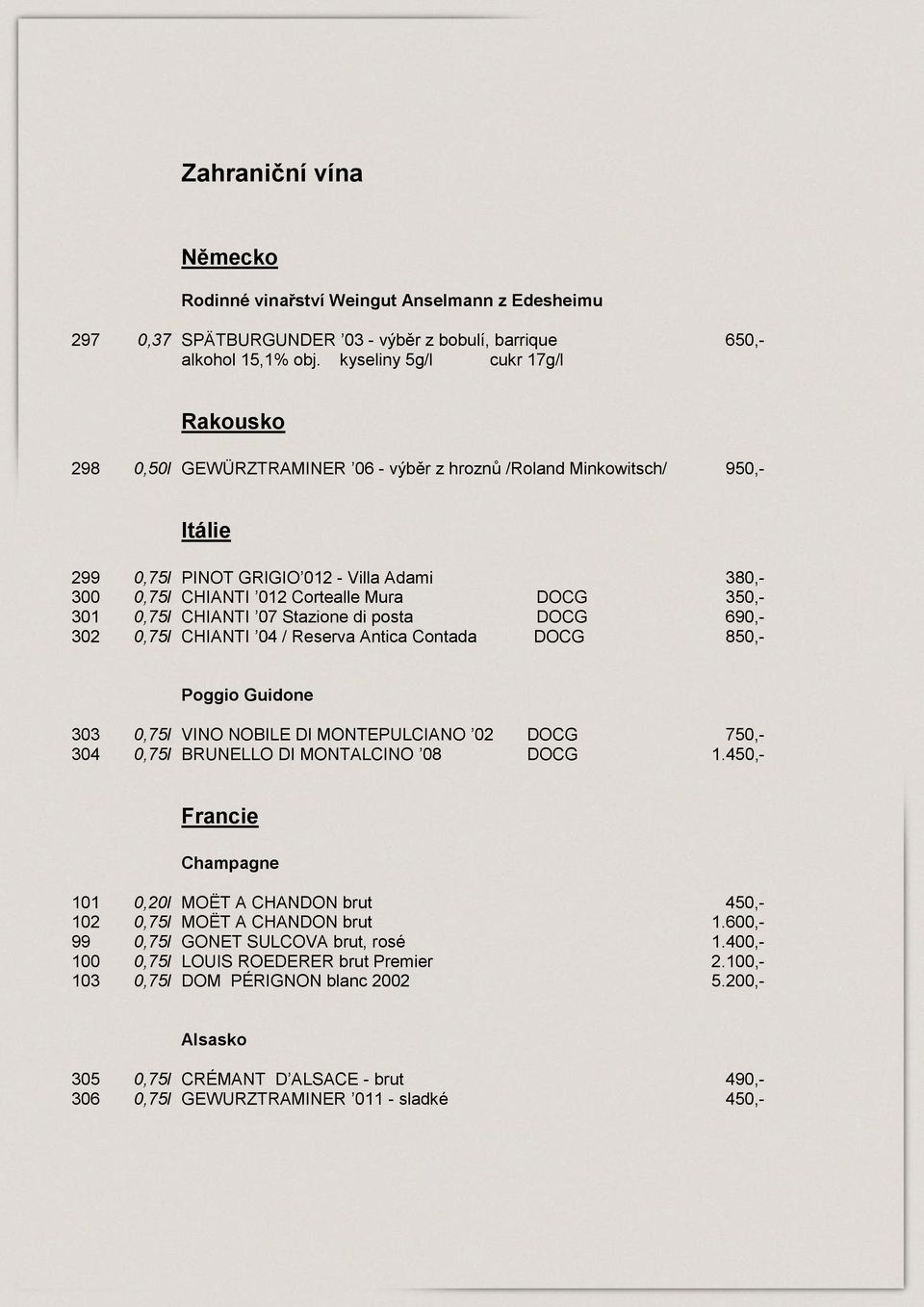 DOCG 350,- 301 0,75l CHIANTI 07 Stazione di posta DOCG 690,- 302 0,75l CHIANTI 04 / Reserva Antica Contada DOCG 850,- Poggio Guidone 303 0,75l VINO NOBILE DI MONTEPULCIANO 02 DOCG 750,- 304 0,75l