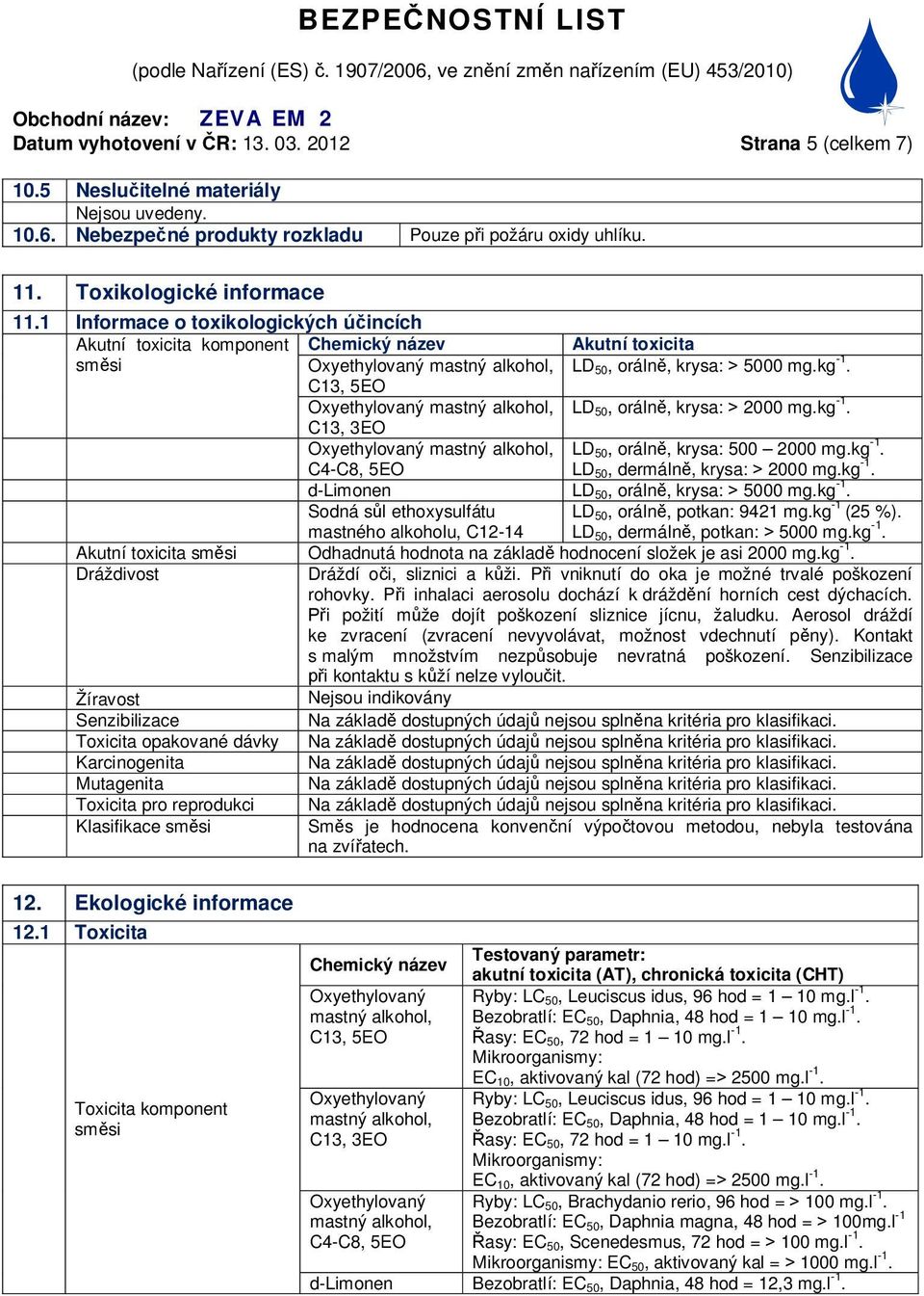 C13, 5EO Oxyethylovaný mastný alkohol, LD 50, oráln, krysa: 2000 mg.kg -1. C13, 3EO Oxyethylovaný mastný alkohol, C4-C8, 5EO LD 50, oráln, krysa: 500 2000 mg.kg -1. LD 50, dermáln, krysa: 2000 mg.