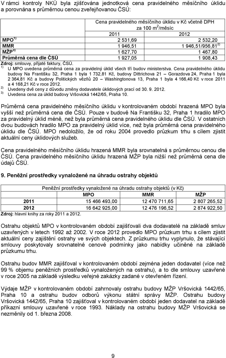 1) U MPO uvedena průměrná cena za pravidelný úklid všech tří budov ministerstva.