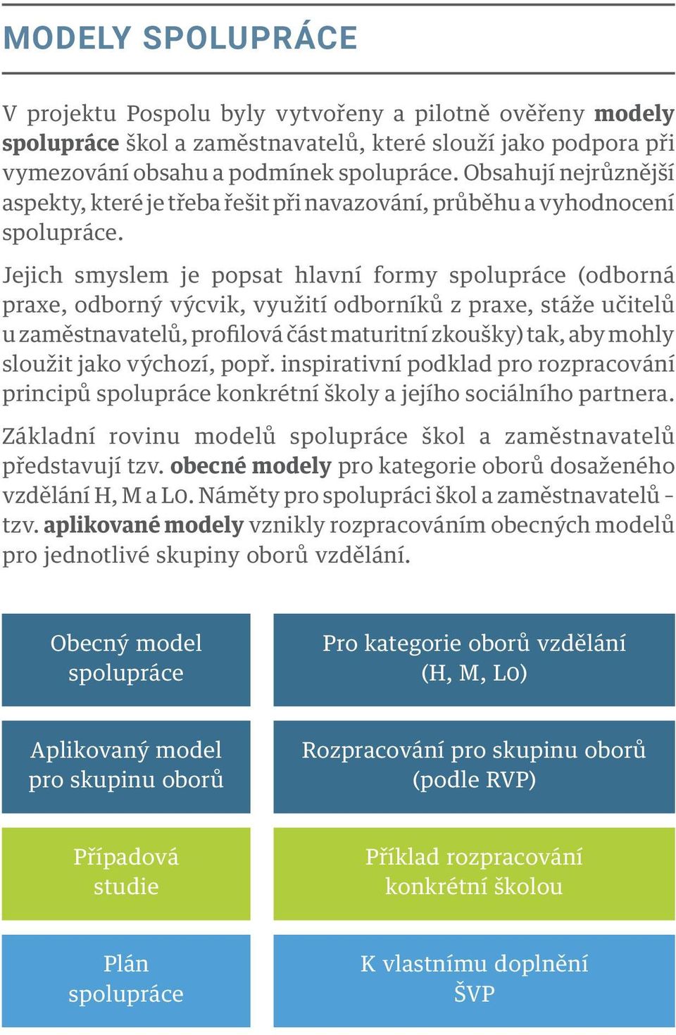 Jejich smyslem je popsat hlavní formy spolupráce (odborná praxe, odborný výcvik, využití odborníků z praxe, stáže učitelů u zaměstnavatelů, profilová část maturitní zkoušky) tak, aby mohly sloužit