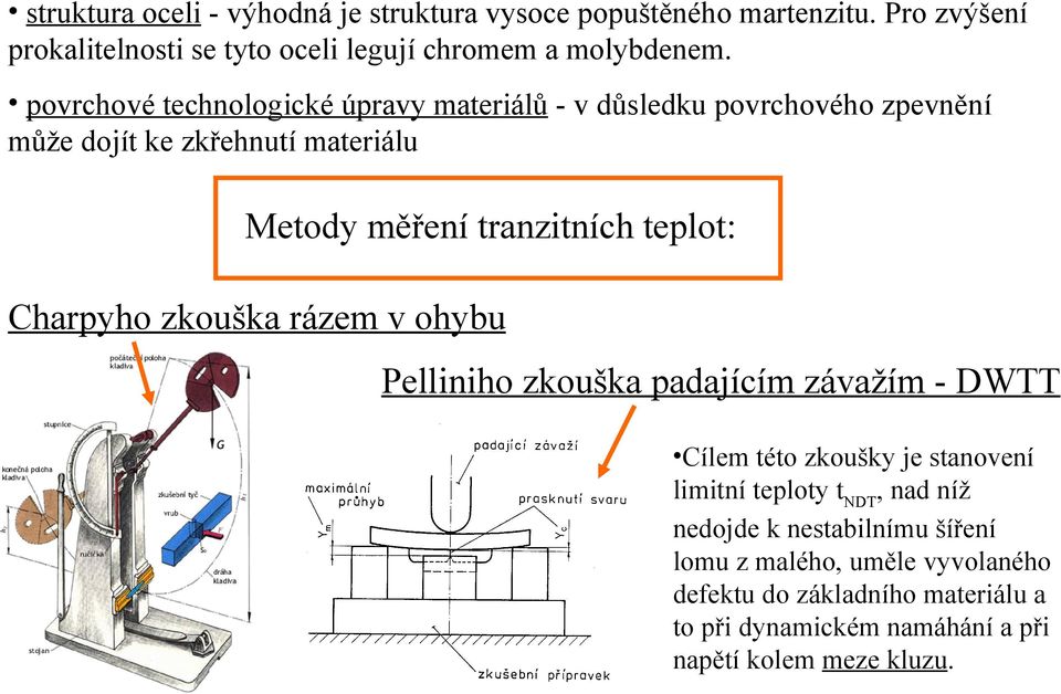 Charpyho zkouška rázem v ohybu Pelliniho zkouška padajícím závažím - DWTT Cílem této zkoušky je stanovení limitní teploty t NDT, nad níž