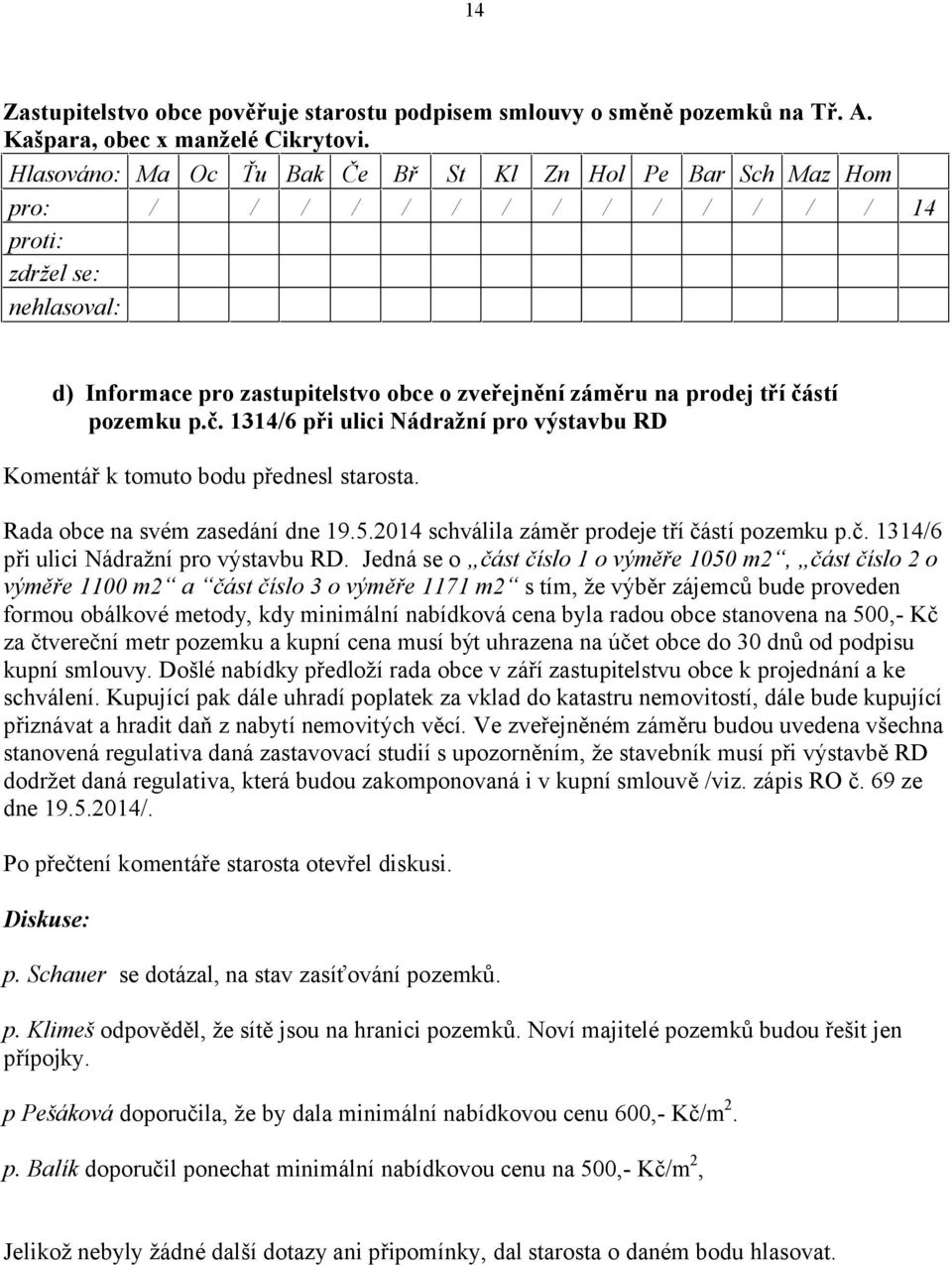 Rada obce na svém zasedání dne 19.5.2014 schválila záměr prodeje tří částí pozemku p.č. 1314/6 při ulici Nádražní pro výstavbu RD.