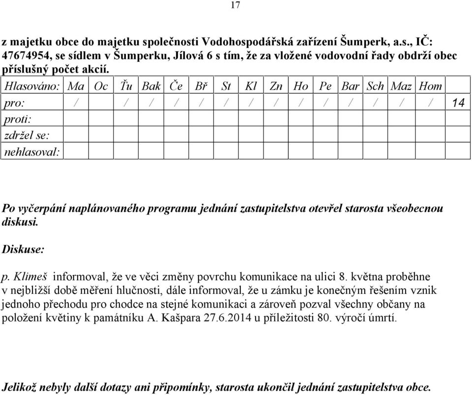 Klimeš informoval, že ve věci změny povrchu komunikace na ulici 8.