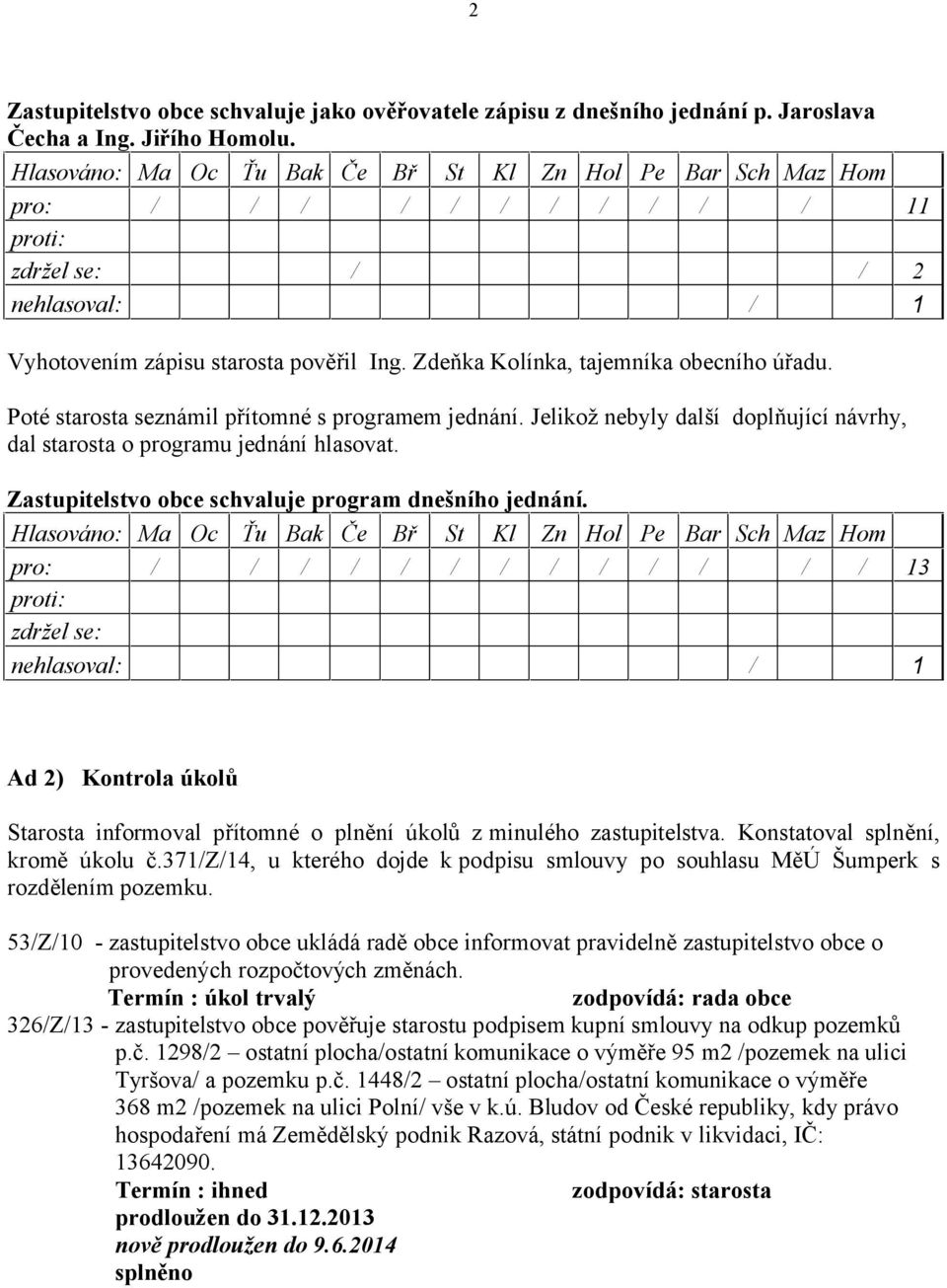 Zastupitelstvo obce schvaluje program dnešního jednání. pro: / / / / / / / / / / / / / 13 / 1 Ad 2) Kontrola úkolů Starosta informoval přítomné o plnění úkolů z minulého zastupitelstva.