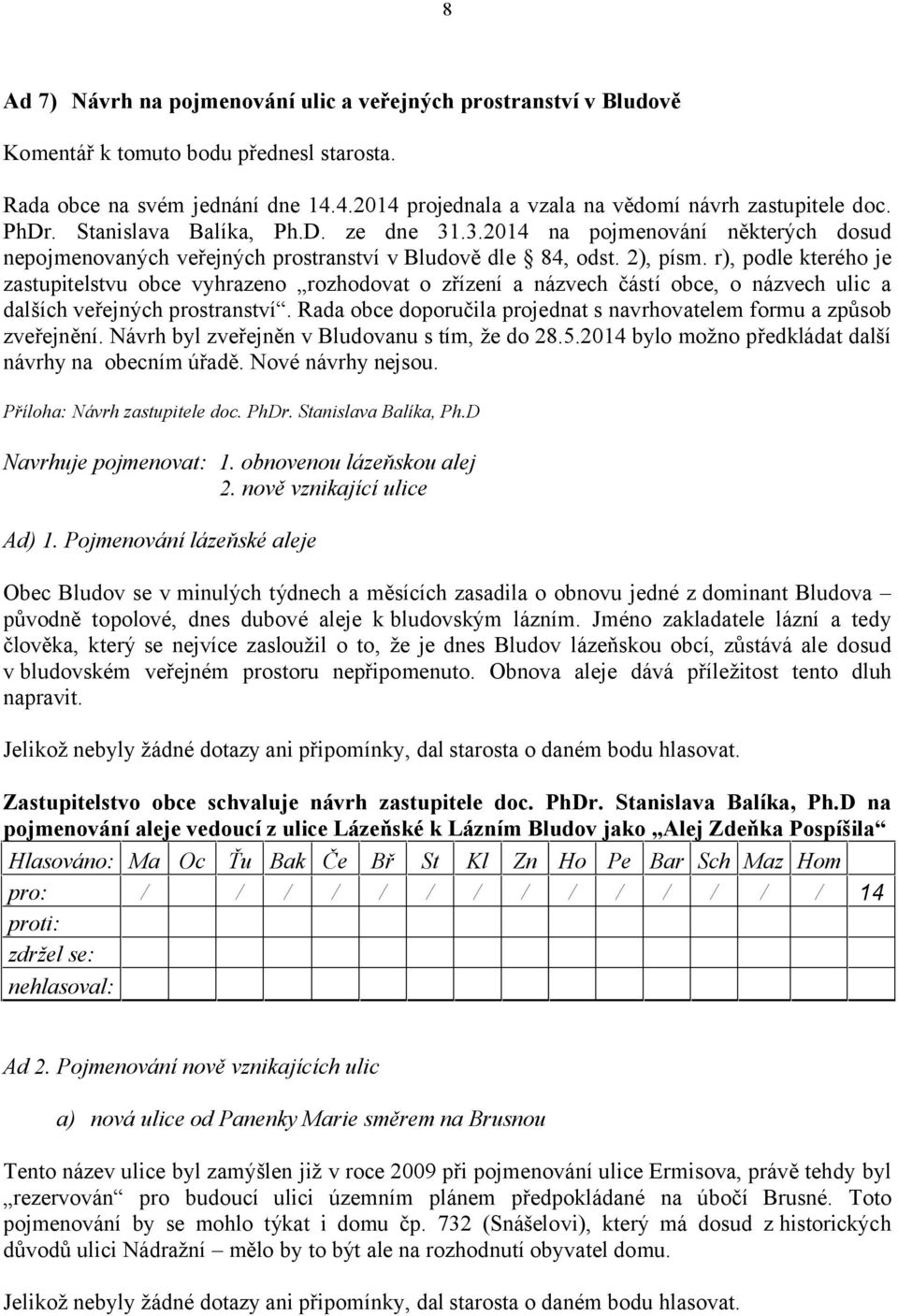 r), podle kterého je zastupitelstvu obce vyhrazeno rozhodovat o zřízení a názvech částí obce, o názvech ulic a dalších veřejných prostranství.