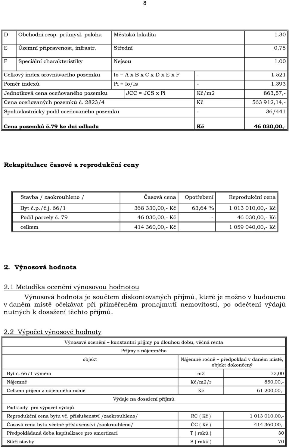 2823/4 Kč 563 912,14,- Spoluvlastnický podíl oceňovaného pozemku - 36/441 Cena pozemků č.