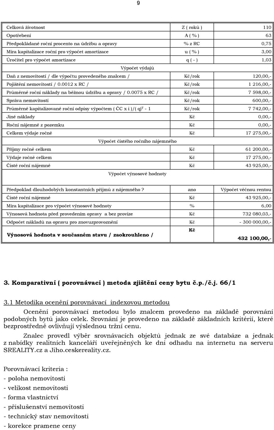 0012 x RC / Kč/rok 1 216,00,- Průměrné roční náklady na běžnou údržbu a opravy / 0.