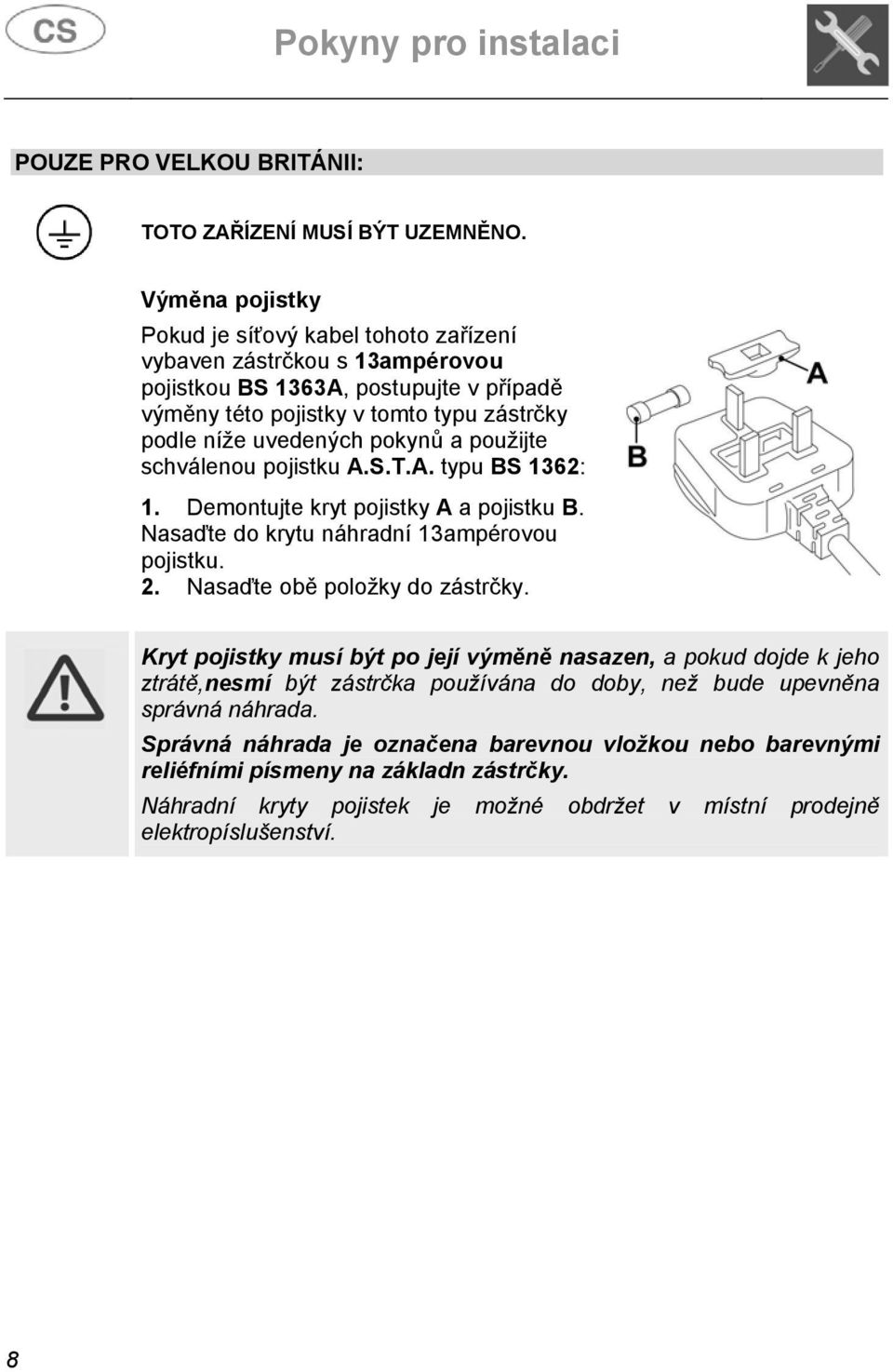 a použijte schválenou pojistku A.S.T.A. typu BS 1362: 1. Demontujte kryt pojistky A a pojistku B. Nasaďte do krytu náhradní 13ampérovou pojistku. 2. Nasaďte obě položky do zástrčky.