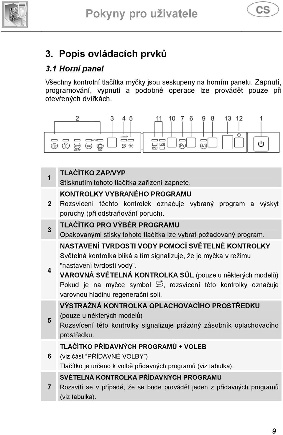 KONTROLKY VYBRANÉHO PROGRAMU Rozsvícení těchto kontrolek označuje vybraný program a výskyt poruchy (při odstraňování poruch).