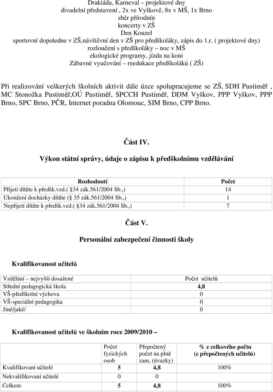 spolupracujeme se ZŠ, SDH Pustiměř, MC Stonožka Pustiměř,OÚ Pustiměř, SPCCH Pustiměř, DDM Vyškov, PPP Vyškov, PPP Brno, SPC Brno, PČR, Internet poradna Olomouc, SIM Brno, CPP Brno. Část IV.